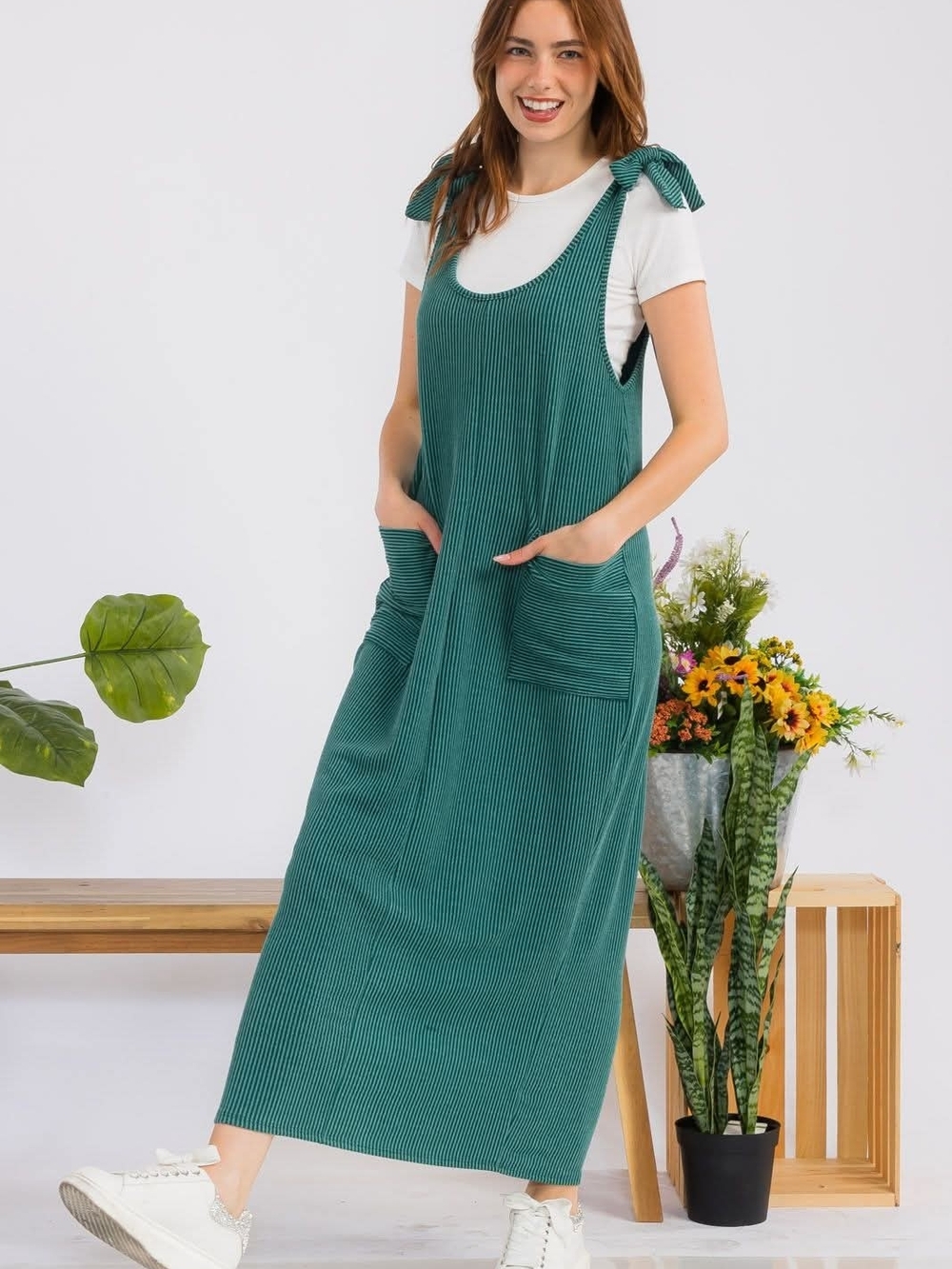 Celeste Green Tie-Shoulder Ribbed Maxi Dress